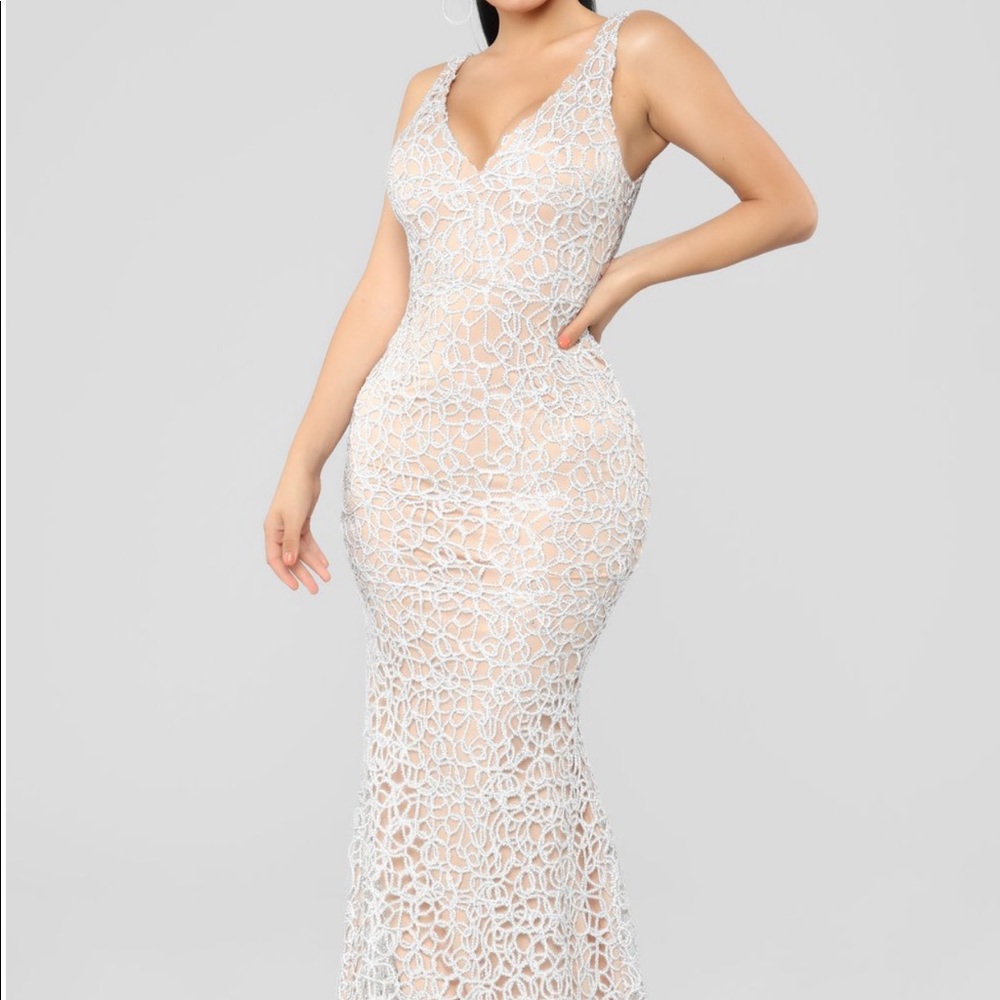 Fashion Nova Mesh Embroidered Maxi Dress Silver